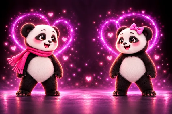 Zwei süße Harmony-Pandas in ihrer Fusion-Pose mit pinken Herzen